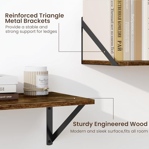 Fun Memories Deep Floating Shelves for Wall, 24W x 8D Wall Mounted Shelves Set of 2, Wide Display Ledge Shelf with Sturdy Metal Brackets for Living Room, Bathroom, Bedroom and Kitchen, Rustic Brown - color: A-rustic Brown, size: 24"W x 8"D
