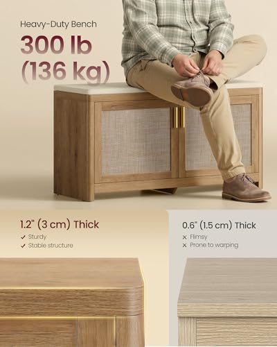 VASAGLE ELLAN Collection - Boho Shoe Bench with Cushion, Entryway Storage Bench with 2 Rattan-Look Cabinet Doors, Rounded Corners, Adjustable Shelf, for Bedroom Under Window, Natural Brown ULSB501KC01 - color: Natural Brown, size: 13.8"D x 39.4"W x 20.9"H