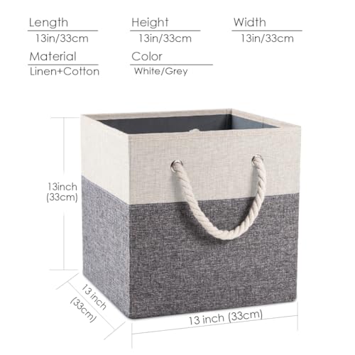 PRANDOM Large Foldable Cube Storage Bins 13x13 inch [4-Pack] Fabric Linen Storage Baskets Cubes Drawer with Cotton Handles Organizer for Shelves Nursery Closet Bedroom White and Grey - color: White and Grey, size: 13x13 inch(4-Pack)