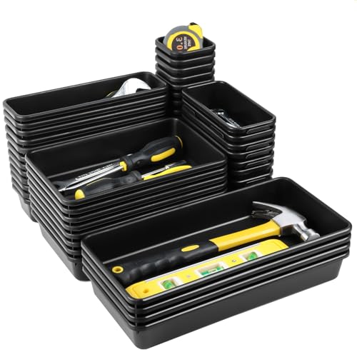 60PCS Tool Box Organizer Tray Divider, More Large Sizes-5 Sizes Desk Drawer Organizers Garage Tool Organizer and Storage, Black Plastic Tray Organizer Bins for Home Office Supplies and Tools - size: 60PCS