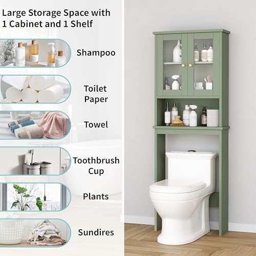 Shintenchi Over the Toilet Storage Cabinet, Bathroom Shelf Organizer with Anti-Tip Device Small Freestanding Space Saver with Adjustable Shelf and Glass Door, Green - color: Green, size: Glass Door