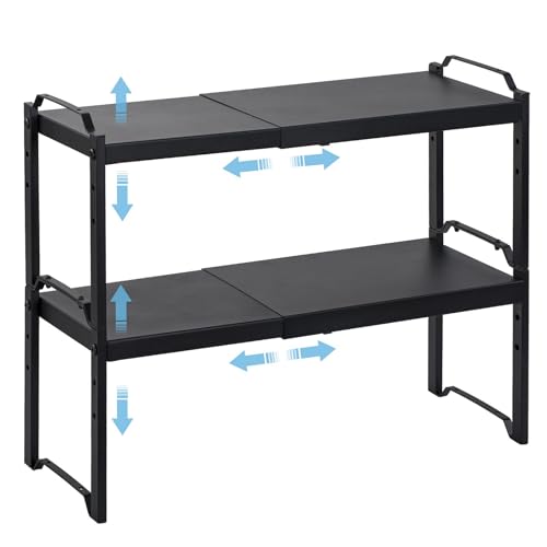 2 Pack Expandable Cabinet Countertop Shelves, Stackable Shelves Organizers For Kitchen Cabinet Countertop Storage, Adjustable Counter Cupboard Pantry Organizer Shelf Rack Stand, Length:20.5" - color: Black, size: 2 Pack: 12.6"-20.5"L