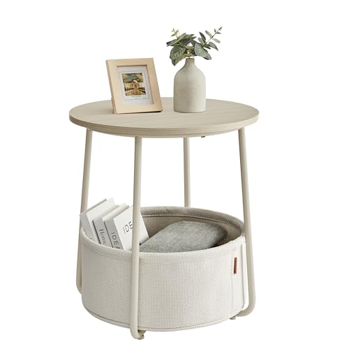 VASAGLE LILEA Collection - Small Round Side End Table, Modern Nightstand with Fabric Basket, Cream White ULET223K67 - color: Cream White, size: Round + 1 pack