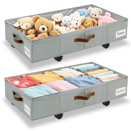 Under Bed Storage with Wheels,Underbed Storage with Sturdy Sidewalls/Bottom, Clear Cover, Label and PU Handle, Rolling Under Bed Drawers for Clothes, Shoes, 5.5 Inch Height,Grey, 2 Pack - color: Grey 2 Pack, size: 6.5 inch