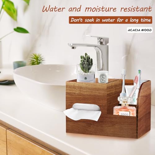 BIBELUN Wood Tissue Box Cover Square with Tray and Remote Holder,Multifunctional Tissues Cube Box Organizer/Shelf/Rack,Napkin Storage Box for Bathroom,Vanity Countertop,Nightstand,Office,Home Decor