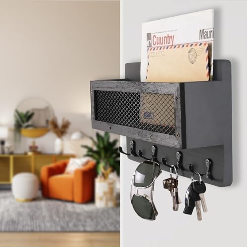 ADIIL Mail and Key Holder for Wall Decorative, Wooden Wall Mount Key Rack Hanger Organizer with 4 Double Key Hooks, Rustic Home Decor for Entryway Hallway, Grey - color: Gray