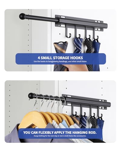 BaiNong 12" Valet Rod for Closet Pull Out With 4 Hooks Valet Rods for Closets (2Pack Black) Closet Valet Rod Slide Out - color: Black/2 Pack, size: 12 Inch