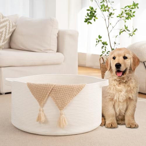 OIAHOMY 90L Blanket Basket for Living Room, Large Basket 23" x 23" x 13" with Handle, Laundry Hamper for Blankets, Pillows, Toy Storage for Kids, Dogs - White - color: White, size: 23" x 23" x 13"