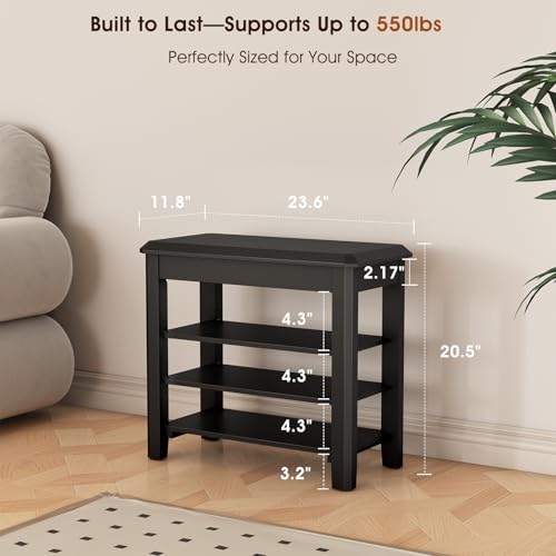 IUNVR Shoe Rack Bench Seat Rubberwood 3-Tier Wooden Storage Bench 550lbs Compact Mid-Century Modern Design for Entryway, Hallway, Closet, Front Door Entrance, Foyer - color: Black-3 Tier(wood), size: 23.6"W x 11.8"D x 20.5"H