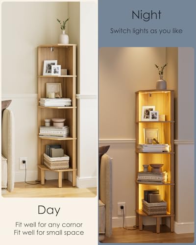 Corner Shelf Stand, 5 Tier Corner Bookshelf with Light,Corner Furniture for Bedroom Display Corner Shelf for Small Space,Wood Shelves with Storage Rack for Living Room,Office,Oak - color: Oak
