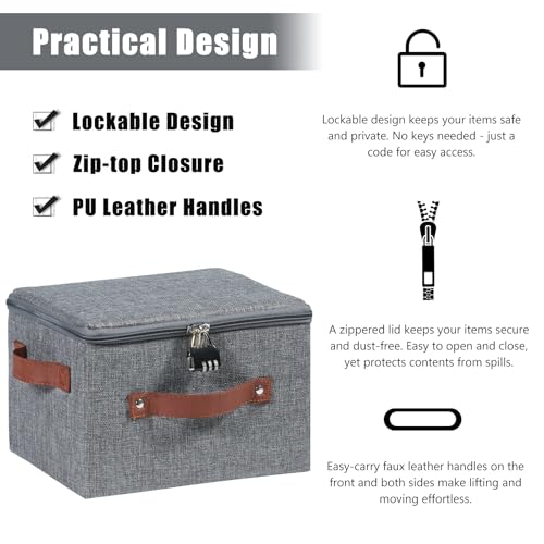 2PCS Storage Bins Boxes with Zipper Lid Combination Lock Cotton Linen Fabric Lidded Lockable Baskets PU Leather Handles Collapsible Washable Closet Shelf Organizer Container (Gray, Small) - color: Gray, size: Small ( Set of 2 )