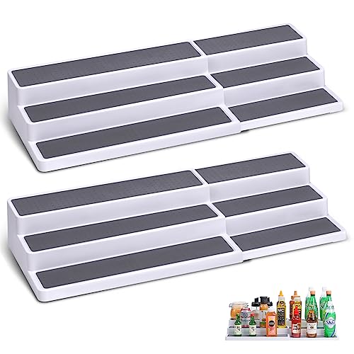 CiWiVOKi 3 Tier Expandable Spice Rack Organizer, White/Grey Plastic Spice Rack, Adjustable Length 14.6In-25.8In, 2 Pack Non-Skid Tiered Spice Shelf Organizer for Kitchen Cabinet, Cupboard, Pantry - color: White/Gray(Pack of 2), size: 14.6"-25.8"