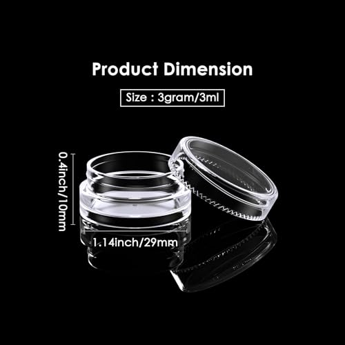 50 Pack 3 Gram Sample Containers with Transparent Lids, Small Plastic Cosmetic Jars, Makeup Travel Container Jar for Cream, Bead, Eye Shadow, Lotions, Powders, Lip Gloss with Labels Spatulas - color: Clear Lid, size: 0.1 Ounce