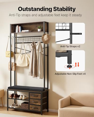 VEVOR Hall Tree with Bench and Shoe Storage, Entryway Bench with Coat Rack, 3 Drawers, 3 Storage Cubbies, 7 Hooks with Soft Cushion for Entryway, Hallway - size: 70.9" * 31.5"