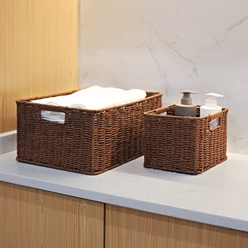 HOONEX Large Woven Baskets for Storage, Paper Rope Baskets with Sturdy Metal Wire Frame, Baskets for Shelves, Set of 3, Dark Brown - color: Dark Brown, size: 17"D x 12.2"W x 7.5"H