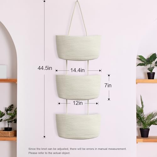 TeoKJ Over the Door Hanging Basket, 3-Tier Woven Cotton Wall-Mounted Storage Organizer Bag Decorative Hanging Nursery Baskets, White - color: White
