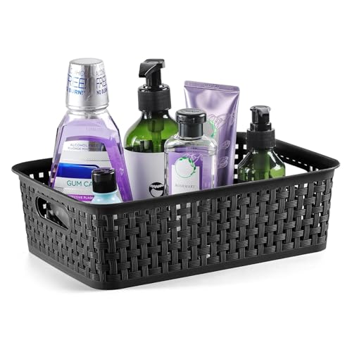 [ 12 Pack ] Plastic Storage Baskets, Small Pantry Organization and Storage Bins, Household Organizers for Laundry Room, Bathrooms, Kitchens, Cabinets, Countertop, Under Sink or Shelves, Black - color: Black