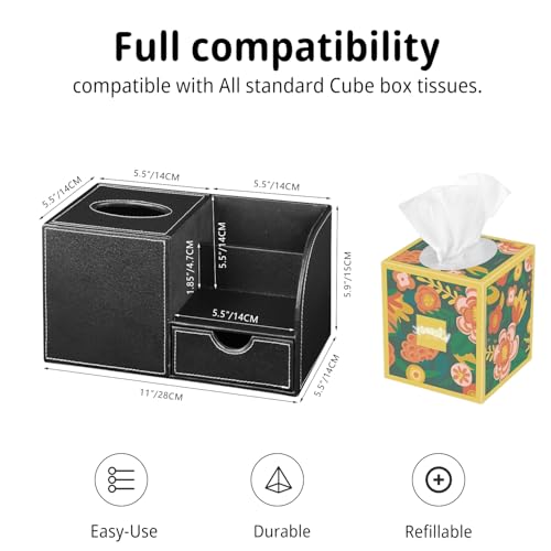 Nightstand Organizer with Tissue Holder,PU Leather Square Tissue Box Cover,Modern Facial Paper Organizer Storage Box for Remote Control,Bathroom,Vanity Countertop,End Table Home Office.Black - color: Black