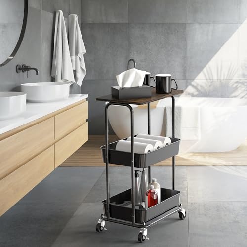 Simple Houseware 2-Tier Rolling Utility Cart with Lockable Wheels and Wood Top, Metal Storage Organizer Trolley for Kitchen, Bathroom, Office, Craft Room, Rustic Brown - color: Rustic Brown