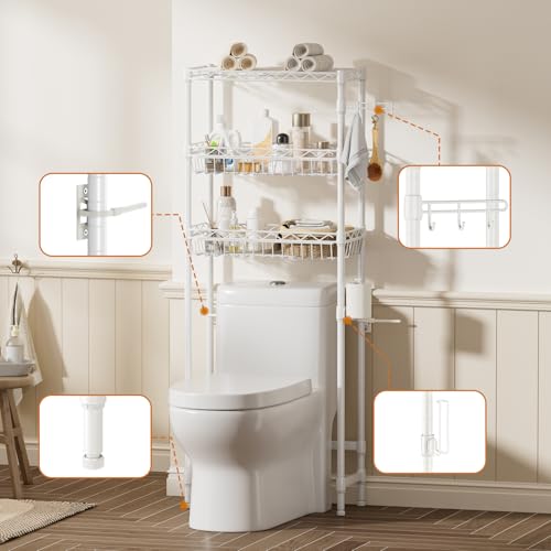 Golpart 3-Tier Over-The-Toilet Storage Shelf,Heavy-Duty Adjustable Bathroom Rack with 2 Mesh Baskets,Toilet Paper Holder & Hooks,Space-Saving Organizer for Bathroom,10”D x 24”W x 66”H,White - size: White with Baskets-10"D x 24"W x 66"H
