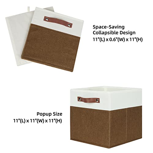 HNZIGE Fabric Cubes Storage Bins Set of 4,11 x 11 Clothes Storage Cube Baskets,Cube Organizing Bins for Shelves with Handles,Canvas Baskets for Organizing Home(Brown White) - color: Brown White, size: 11"x11"x11"-4pack