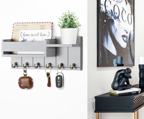 RelaxScene Key Holder Wall Mount - Key Hooks for Wall Decor Living Room - Wooden Key Hanger Rack and Mail Organizer with Shelf for Home Essentials - Modern Entryway House Decor Aesthetic - color: Gray, size: M(12''x4.8'')