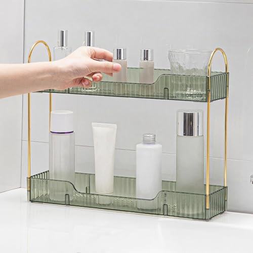 YCIA&DONE 2 Tiers Narrow Vanity Makeup Organizer, Bathroom Organizers Countertop Slim, Perfume Holder Skincare Storage Cosmetic Shelf Spice Rack, for Small Desktop Counter Space, Vintage Green - color: Vintage Green