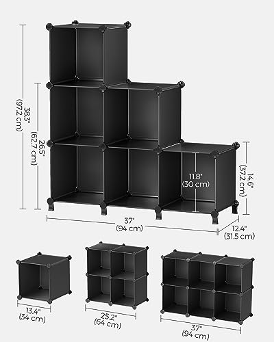 SONGMICS 6 Cube Storage Organizer, Modular Bookshelf, DIY Closet Organizers and Storage, Plastic Stackable Shelves, 11.8 x 11.8 x 11.8 Inch Cubes, with Feet and Rubber Mallet, Black ULPC06H - color: Black, size: 11.8"L x 11.8"W x 11.8"H