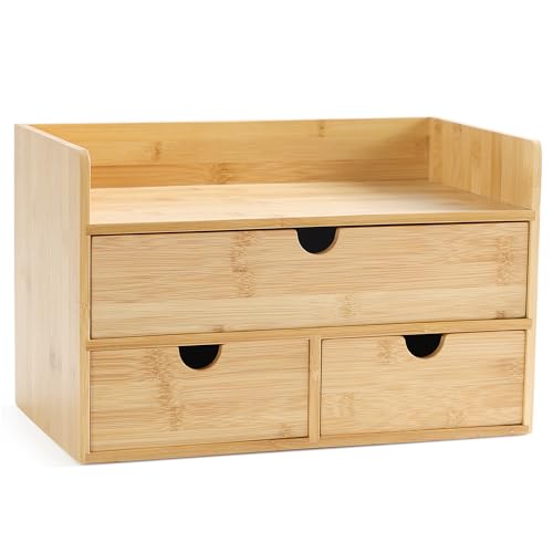 Desk Organizer with Drawers - Bamboo Desktop Organizers Storage | Wood Makeup Organizer for Bills, Office Supplies, Cosmetics, Seals, Kitchen Utensils, No Assembly Required - color: Nature-S1X2, size: 13”L x 6.6”W x7.87”H