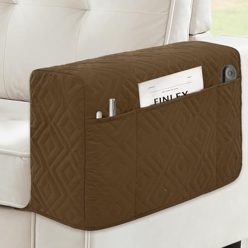 MEHIDFY Sofa Arm Cover, Waterproof Couch Armrest Protector, Anti-Slip Sofa Cover, Remote Holder for Armchair, Recliner Caddy with 3 Pockets for TV Remote, Phone, Pad, Pen, Book(Brown 2pcs) - color: Brown