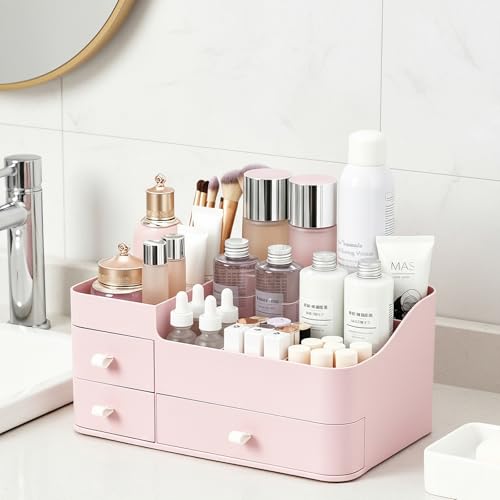 MIUOPUR Makeup Organizer with Drawers, Bathroom Counter Organizer, Plastic Cosmetic Display Case, Large Skincare Storage for Vanity Countertop, Ideal for Bedroom Dresser top and Desktop - color: Pretty Pink