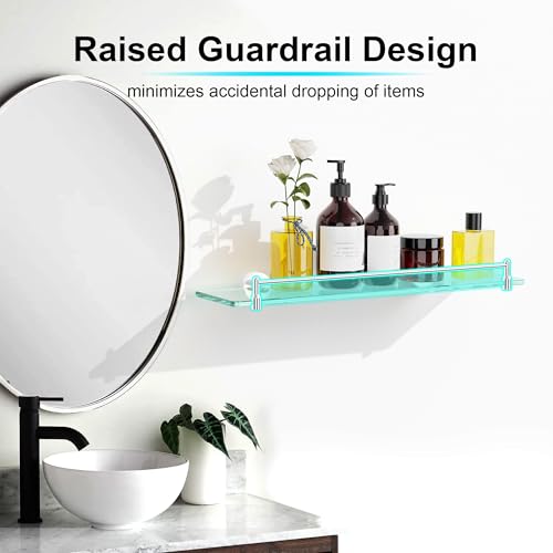 20 Inches Glass Shelves for Bathroom, Chrome Polished Floating Glass Shelf Stainless Steel Tempered Glass Bathroom Shelves for Wall Mount Modern - color: Chrome Polished, size: 20"with railing