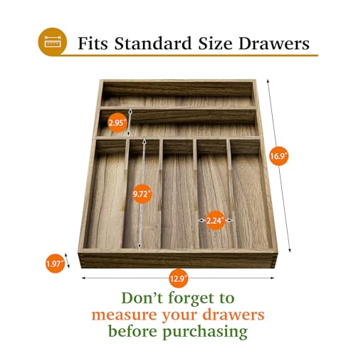 Kiasthome Acacia Wood Silverware Drawer Organizer, Kitchen Utensil Cutlery Drawer Organizer with Grooved Dividers, Flatware Organizer Silverware Tray Holder for Spoon, Fork, 13''x16.9'' (7 Slots) - size: 7 Slots