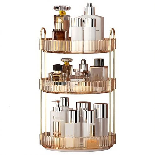YCIA&DONE 360 Rotating Makeup Organizer and Storage for Vanity Countertop 3 Tiers, High Capacity Cosmetic Skincare Perfume Organizers for Dresser Bathroom Lazy Susan (Amber Gold) - color: Amber Gold, size: 9" (3 Tiers)