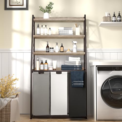 Herture Laundry Basket, 3 Section Laundry Hamper with 4 Tiers Shelf, Pull-Out and Removable Laundry Bags, Large 3 x 15.87 Gallons, for Laundry Room Bathroom Greige PF05XLZ - color: Greige + 3-Color, size: 3 Bags-180 L