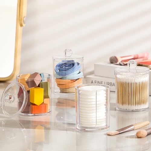 AOZITA 4 Pcs, Acrylic Qtip Holder Dispenser for Cotton Swab, Ball, Round Pads, Floss Picks - Clear Plastic Apothecary Jar Set for Bathroom Canister Storage Organization, Vanity Makeup Organizer - color: Clear, size: 4