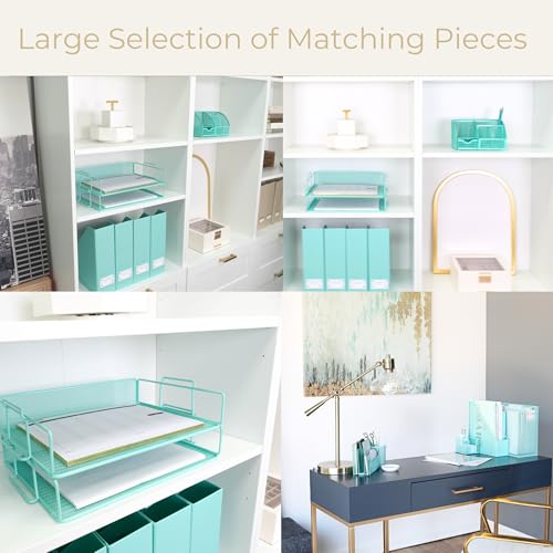BLU MONACO Aqua Mesh Paper Tray Set of 2 | Stackable Letter Trays for Desk Storage | Metal Document Holder and File Organizer for Home, Office and School | 13” x 9.8” x 5.6” Workspace Organizer - color: Aqua