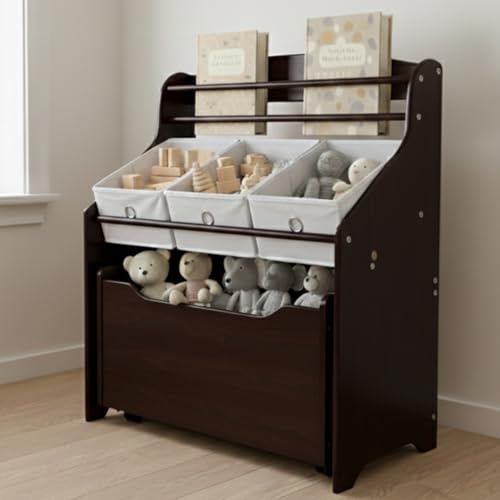 Humble Crew 3-in-1 Kids Bookshelf and Toy Storage Organizer, Espresso/White - Toddler Organizers with Rolling Toy Box and 3 Fabric Bins – Sturdy Baby Book Shelf, Perfect for Nursery and Playroom - color: Espresso/White