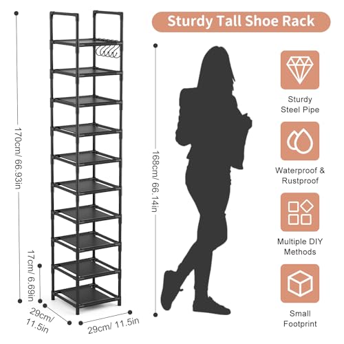 LANTEFUL Tall Narrow Shoe Rack for Entryway, 10-Tier Sturdy Metal Shoe Shelf Storage 10-15 Pairs of Shoes and Boots, Space Saving Corner Shoe Rack Organizer for Closet,Doorway,Garage,Living Room - color: Black, size: 10 tiers