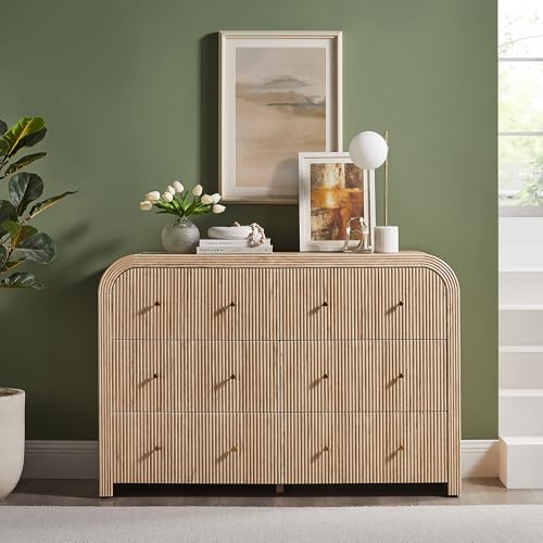 T4TREAM Fluted 6 Drawers Dresser for Bedroom, 54" Wide Modern Chest of Drawers with Thickened Curved Profile Design, Wood Dressers TV Stand for Bedroom, Living Room, Hallway, Natural Oak - color: Natural Oak, size: 15.75"D x 54"W x 36"H(6 Drawers)
