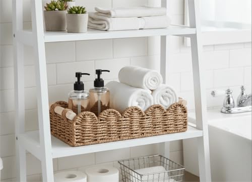 CubesLand Toilet Paper Storage Basket Organizer, Small Wicker Toilet Tank Top Decorative Baskets for Countertop, Handwoven Scalloped Basket w/handle for Home Decor, Living Room, Bedroom, Neutral - color: Neutral, size: S - 12.99"L x 6.3"W x 3.15"H