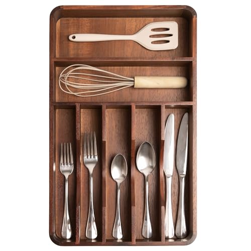 KitchenEdge Silverware Organizer - Cutlery, Flatware, and Utensil Holder for Kitchen Drawers, Fixed 10.5” Width, 7 Storage Compartments, Non-Slip Feet, Rounded Corners, Acacia Wood - color: Natural Acacia
