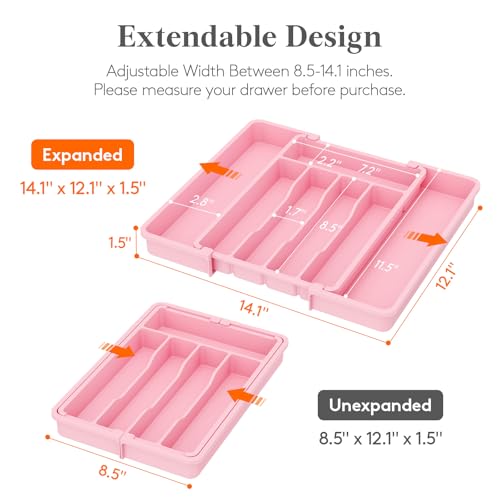 Lifewit Silverware Drawer Organizer, Expandable Utensil Tray for Kitchen, BPA Free Flatware and Cutlery Holder, Adjustable Plastic Storage for Spoons Forks Knives, 8.5"-14.1" x 12.1", Pink - color: Pink, size: Medium (8.5-14''W x 12''D)
