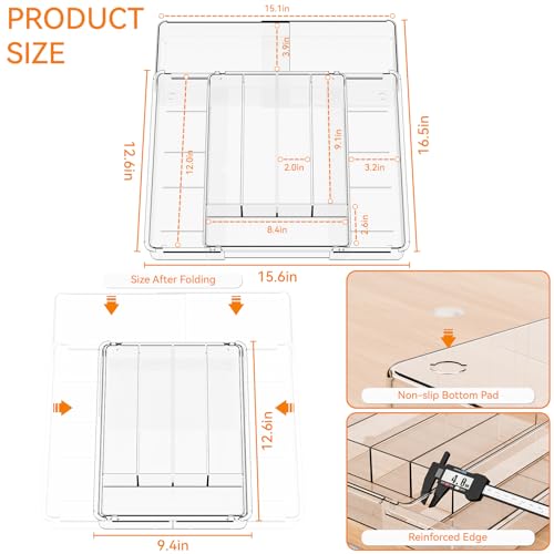 Yieach Acrylic Clear Expandable Kitchen Utensil Drawer Organizer and Silverware Organizer,BPA FREE Adjustable Silverware Tray for Drawer Cutlery,Spatula,Tools,Flatware Organizers,Fork and Spoon Holder - size: 9.4Wx12.6Lx2H Inch