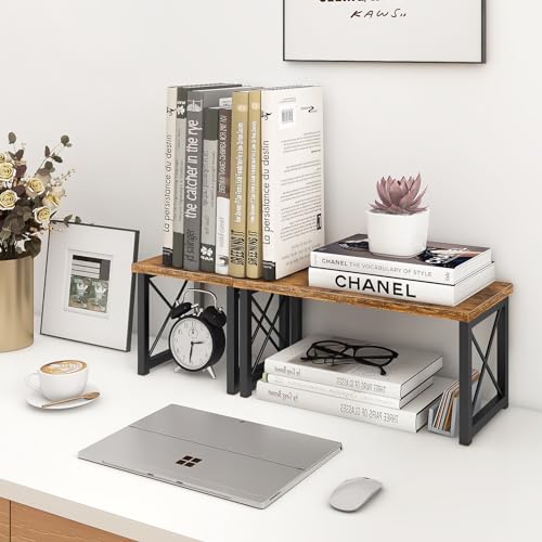 ELITEROO Wood Desktop Shelf, 2 Tier Adjustable Small Bookshelf Organizer, Freestanding Stackable Desk Stand, Storage Organizers, Kitchen Counter Display Rack, Rustic Brown - color: Rustic Brown
