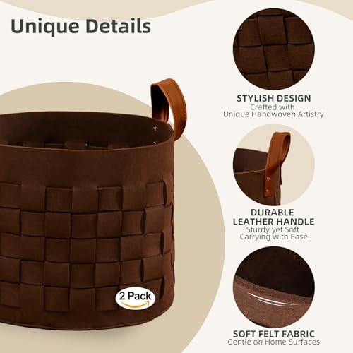 boldmonkey Blanket Basket 15 " x15 x13 2 Pack, Fabric Large Basket with Leather Handle, Dirt Clothes Laundry Basket Round for Babies, Dogs and Living Room-Brown - color: Wood Brown