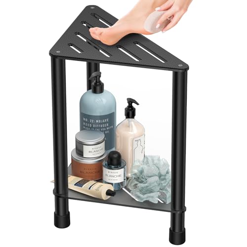 Stainless Steel Black Shower Stool for Inside Shower, 15.4'' H Shower Foot Rest, Corner Shower Stool with Storage Shelf, Shower Step for Shaving Legs, Bathroom Corner Shower Bench - color: Black
