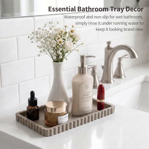Silicone Bathroom Vanity Tray, Sink Caddy for Dish Soap Dispenser, Sponge Holder for Kitchen Sink, Rectangle Bathroom Countertop Organizer for Perfume, Jewelry, Candle (9.9” * 6”, Khaki) - color: Khaki, size: 9.9" x 6" x 0.7"