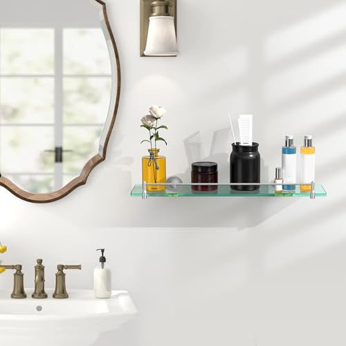 20 Inches Glass Shelves for Bathroom, Brushed Nickel Floating Glass Shelf Stainless Steel Tempered Glass Bathroom Shelves for Wall Mount Modern - color: Brushed Nickel, size: 20"with railing