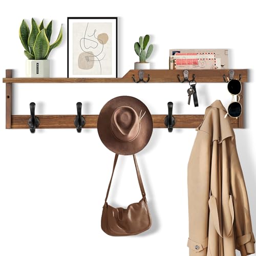29'' Coat Rack Wall Mount with Shelf, Coat Hanger Wall Mount with Key Hooks and Mail Holder, Wood Entryway Floating Shelf with Hooks and Storage, Hat Rack for Wall Key Holder Mail Organizer - color: Brown, size: 29 Inch Long
